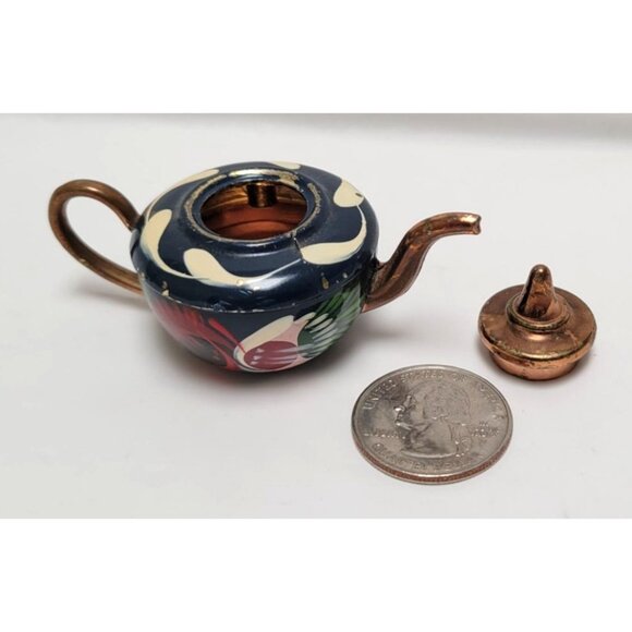 Vintage Miniature Copper Enamel Hand Painted Metal Teapot Floral Design - Picture 2 of 9